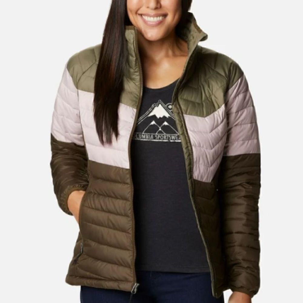 Columbia Powder Lite Blocked Jacket, Stone Green/Mineral Pink/Olive Green S NWT